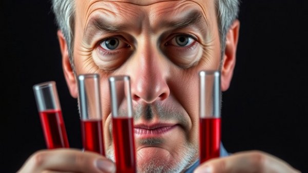 Middle-aged man examines blood samples, highlighting cholesterol health risks.