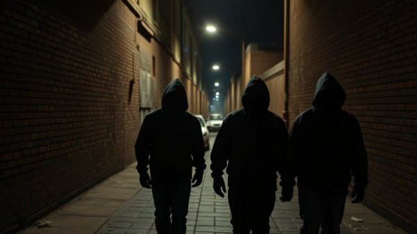 Shadowy figures in a dim urban setting, relevant to Austin crime reports.