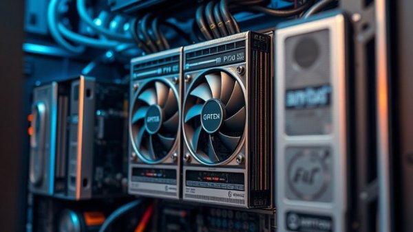 Texas primary candidates use AI in ads; close-up of computer server with GPUs.