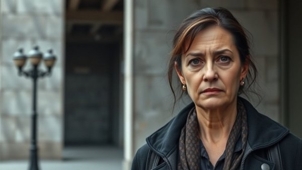 Concerned middle-aged woman in urban setting, reflecting social media's harmful impact.