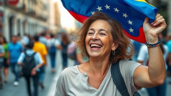 Woman waving Venezuelan flag amidst migration crisis.