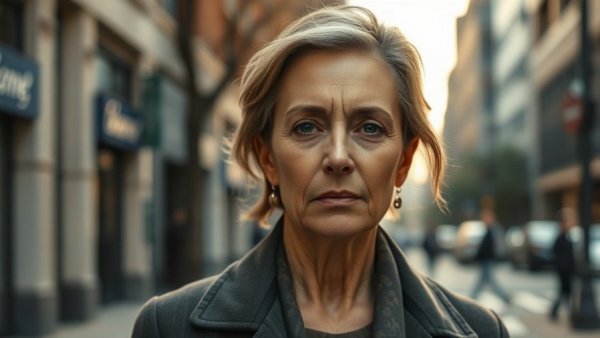 Mature woman outdoors, serious look, social media accountability theme.