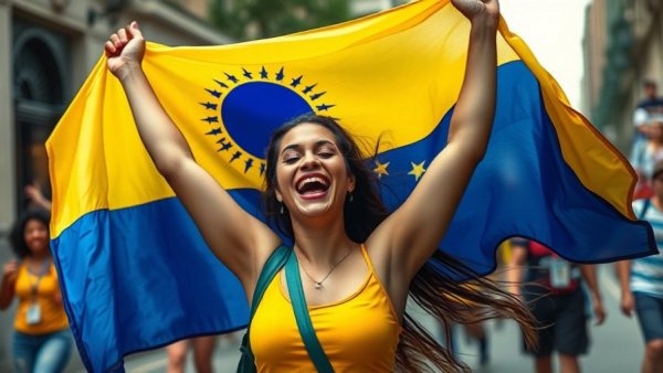 Joyful Venezuelan woman celebrating with flag in urban setting.