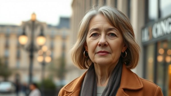 Middle-aged woman outside city building, photorealistic, soft lighting.
