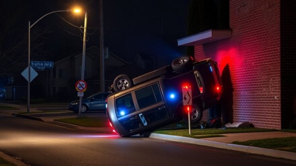 Houston breaking news: car crash scene with flipped vehicle at night.