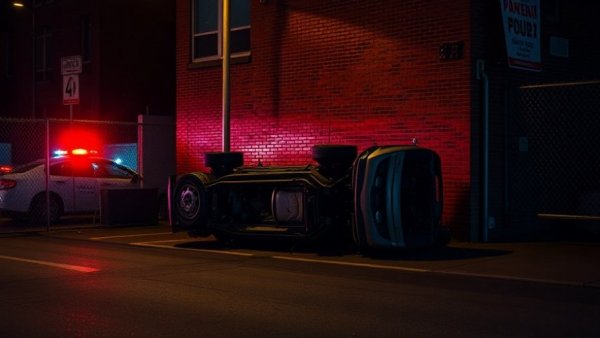Houston news crime chase scene with overturned vehicle and flashing lights.