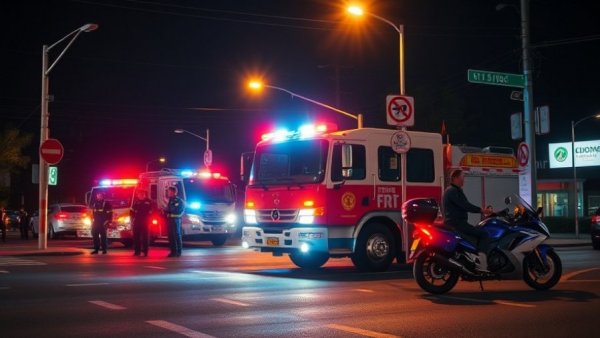 San Antonio nighttime motorcycle accident scene with emergency vehicles and lights.