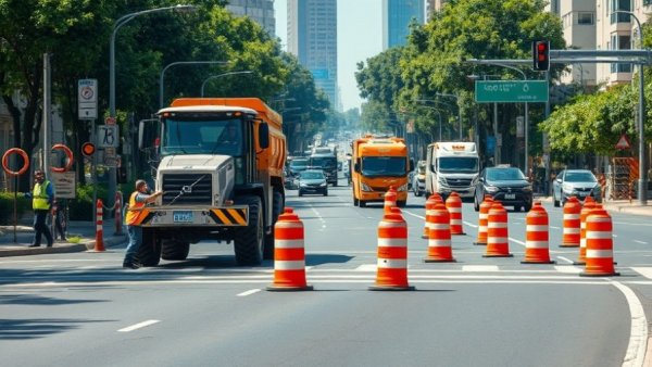 Road construction on Riverside Drive with excavator and traffic barrels