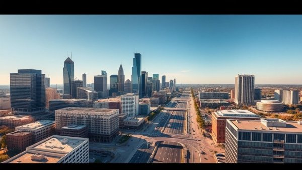 Aerial view of vehicle-free downtown Dallas showcasing skyscrapers.