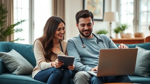 Couple discussing telehealth use in primary care at home.