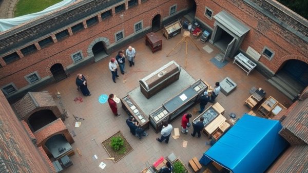 Restoration of slavery exhibits in Philadelphia outdoor site, several people working.
