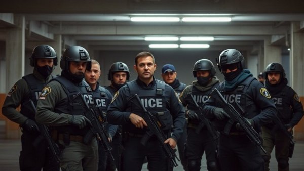 ICE agents preparing in a garage for warrantless ICE arrests.