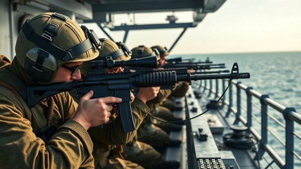 US soldiers on ship during military readiness drill at sea.