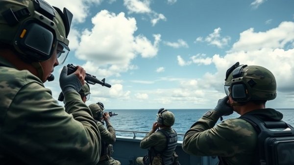 Military personnel on a ship with rifles related to U.S. Iran nuclear conflict.
