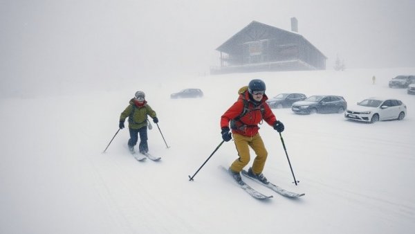 Skiers in heavy snowfall at ski resort highlighting avalanche watch safety.