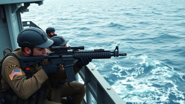 Military personnel on naval vessel with rifles aimed at sea, Iran's demands on nuclear weapons.