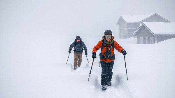Skiers navigate heavy snowfall and deep snowdrifts, avalanche watch.