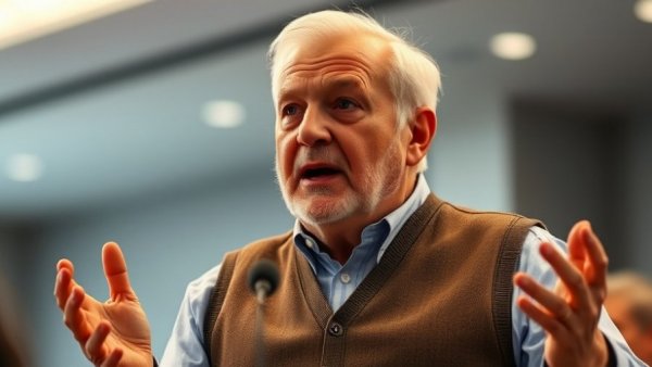 Elderly man speaking emphatically at an event, highlighting removal of Les Wexner’s name.