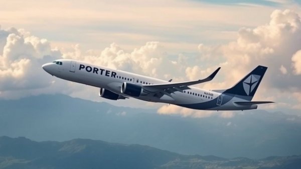 Porter Airlines jet soaring against a mountain backdrop.