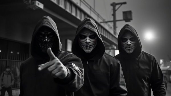 Masked intruders captured by security cameras; emphasizes cloud storage for security cameras.