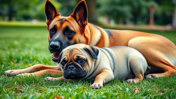 Belgian Malinois and pug relaxing on grass, san antonio news.