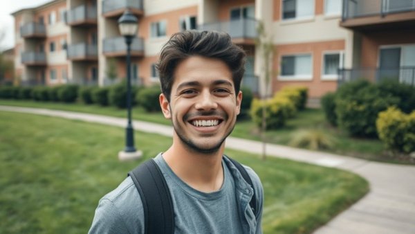 Man in sports jersey outside apartment, natural lighting.