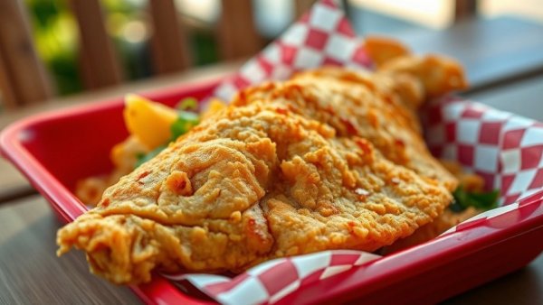 Crispy fried catfish in a red tray at Austin restaurant Mr. Catfish