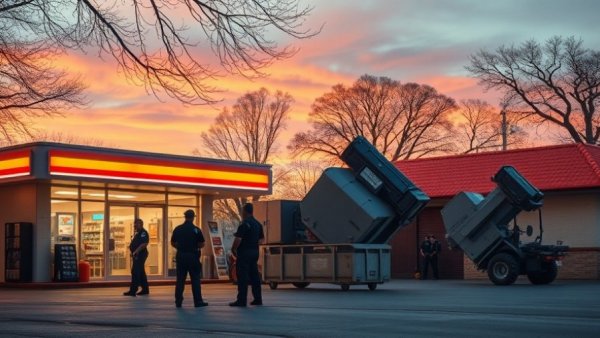 Police removing machines from convenience store in Houston, evening scene.