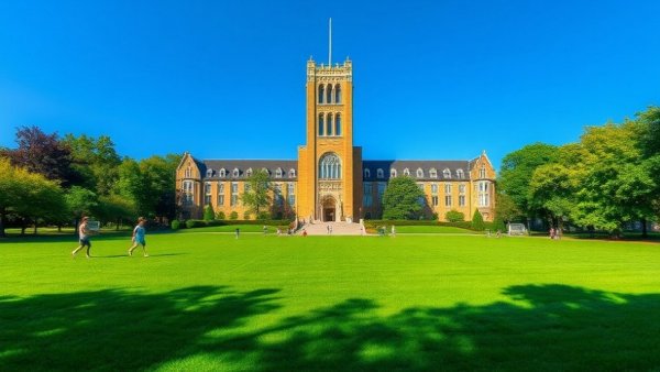 University of Texas campus lawn with iconic tower under blue sky, students relaxing.