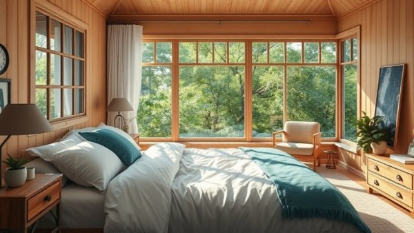 Cozy bedroom interior with bright decor and natural light reflecting short term rental qualities in Houston.