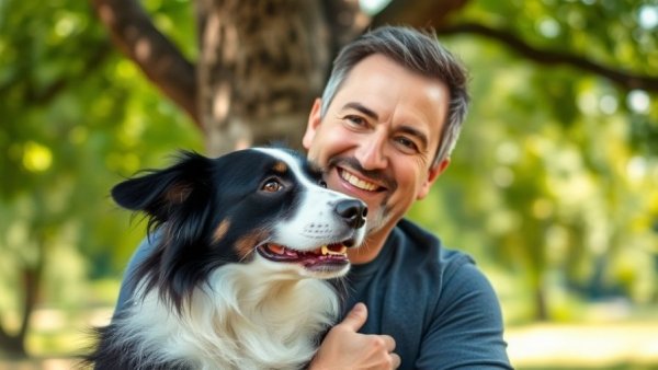 Man with dog in a serene natural setting for Houston News.