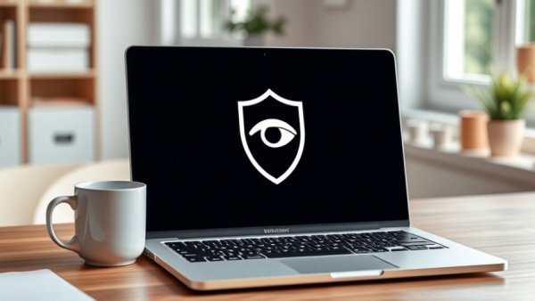 Laptop showing VPN security risks icon on desk.