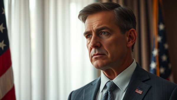 Contemplative man next to flag, related to tariffs and executive power.