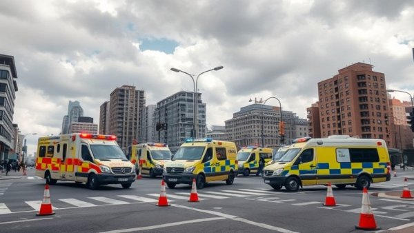 Emergency responders in urban setting for fentanyl exposure courtroom evacuation.