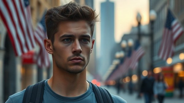 Confident young man walking in city, flags in background.