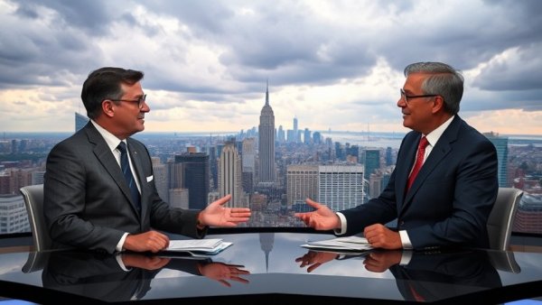 News discussion about massive migration with city backdrop.