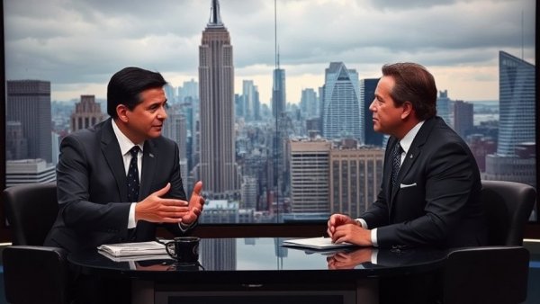Television broadcast discussing massive migration out of blue states, New York backdrop.
