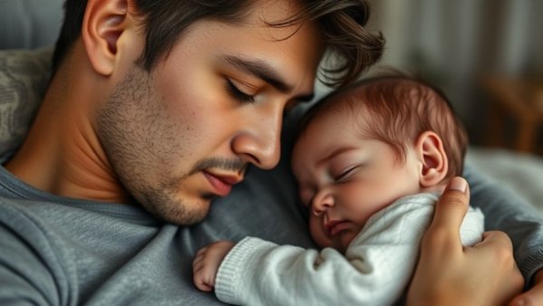 Tender moment with man and baby sleeping peacefully.