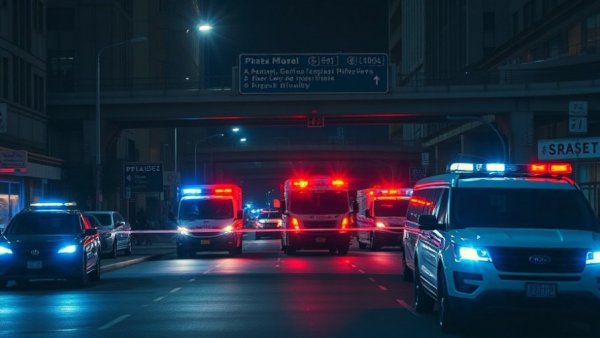 Nighttime police scene in San Antonio with emergency vehicles and lights.