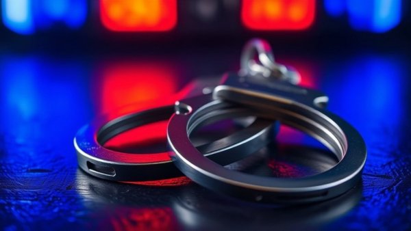 Close-up of handcuffs under police lights, symbolizing intoxication manslaughter.