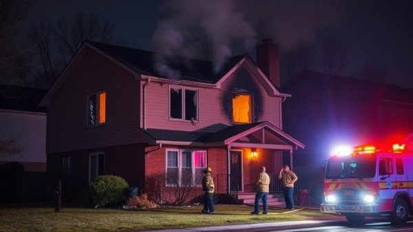 San Antonio news fire aftermath: damaged house at night.