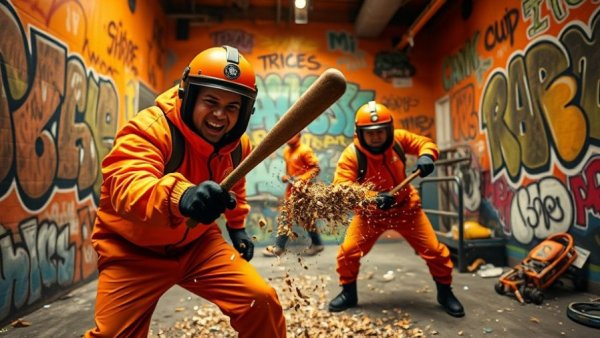Energetic scene at rage room in San Antonio with two people in gear.