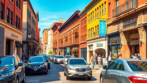 Busy downtown San Marcos street with cars and shops, relating to police partnership.