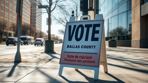 Bilingual Dallas County voting sign on a sunny day, highlighting separate voting in Dallas County.