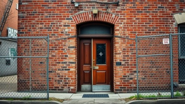 Houston news: Worn brick building entrance with ajar door, chain-link fence.