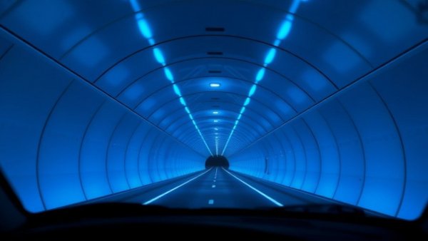 Futuristic blue-lit tunnel interior viewed from a car, Woodlands underground tunnel proposal.