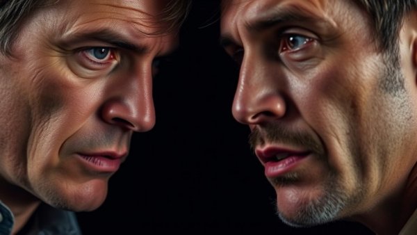 Dramatic close-up of two men, one serious, the other speaking.