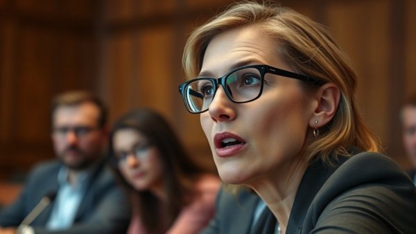 Focused woman speaking at meeting, subtle indoor lighting.