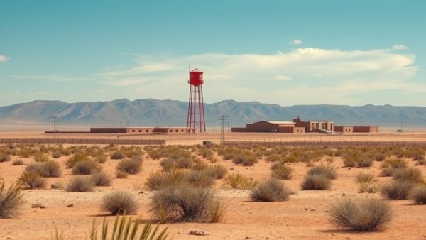 Detention facility with water tower in arid landscape, symbolizing isolation.