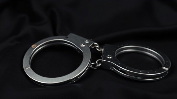 Close-up of metallic handcuffs on black background, symbolic arrest.
